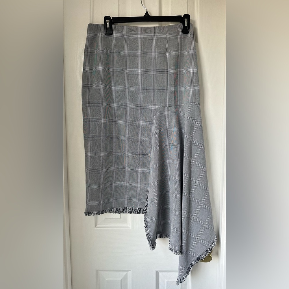 Alberto Makali Gray Plaid Asymmetrical Fringe Midi Skirt